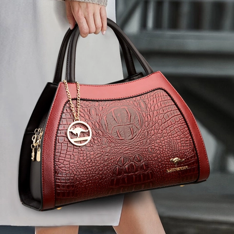 Sac À Main Femme Rétro Motif Crocodile Cuir PU Élégant Sac À Épaule Bandoulière Doubles Poignées Bijoux Dorés Charme Métallique