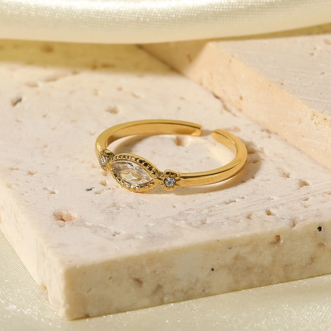 Marquise Zircon Open Ring Stainless Steel 18K Gold Plated Adjustable Minimalist Jewelry For Women Vintage Elegant