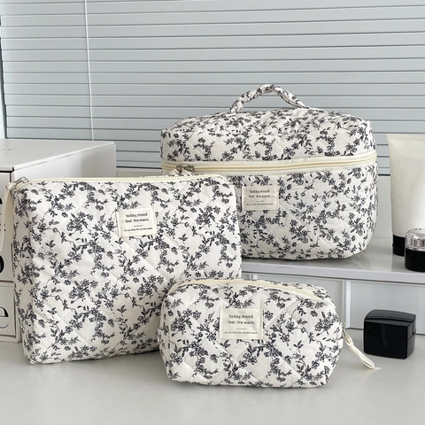 Gesteppte Baumwolle Kosmetiktasche Französisch Schwarz Weiß Floral Große Kapazität Reise Kulturbeutel Tragbare Waschtasche