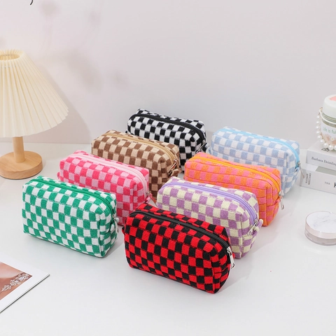 Schaakbord Gebreide Cosmetische Tas Draagbare Reis Toilettas Grote Capaciteit Make-Up Organizer Ritssluiting Zacht