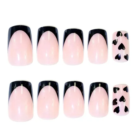 French Press On Nails Black Heart Pattern ABS Medium Long Square Shape Glossy Fake Nails With Jelly Glue For Women