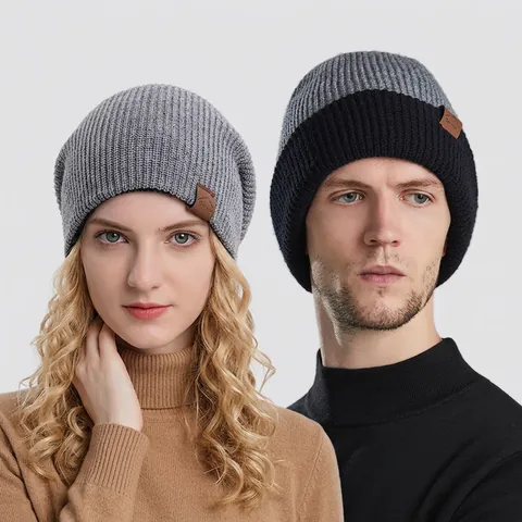Double Sided Slouchy Beanie Acrylic Knitted Winter Warm Solid Color Cap Leather Patch Fashion Outdoor Headwear For Unisex