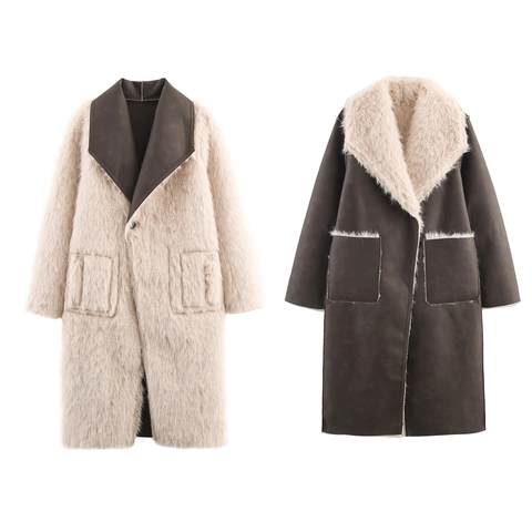 Women Faux Fur Long Coat Reversible Suede Jacket Lapel Winter Outwear Elegant Oversized Pockets Fashionable Warm Top