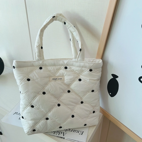 Borsa A Mano Trapuntata Da Donna Borsa Tote Imbottita Leggera Per Pranzo Ricamo A Pois Tessuto Di Cotone Morbido