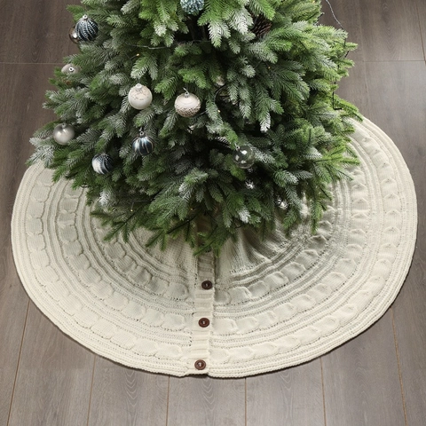 Cable Knit Christmas Tree Skirt Acrylic Yarn With Wooden Buttons Round Decorative Holiday Floor Mat Rustic Style