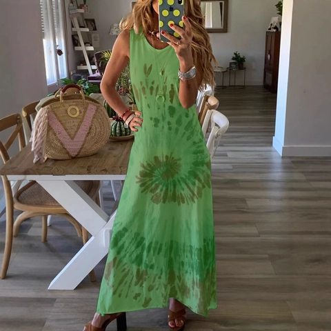 Robe Longue Tie-Dye sans Manches pour Femme Col Rond Été Plage Décontracté Bohème en Polyester et Élasthanne