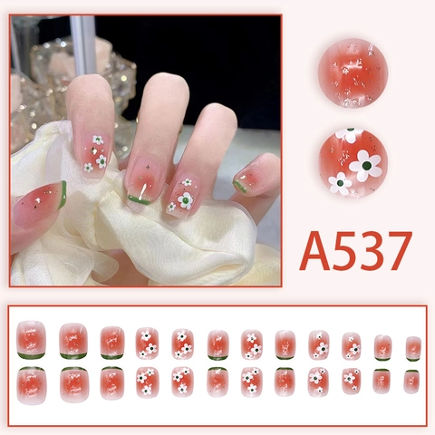 French Style Press On Nails Watermelon Pattern Pink Gradient Green Tips White Floral Gold Foil Decor Short Square Round