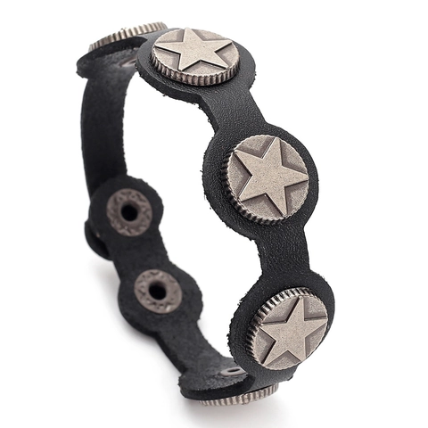 Bracelet En Cuir Véritable Vintage Avec Rivets Étoile En Alliage Style Punk Rétro Jonc Ajustable Pour Hommes Et Femmes