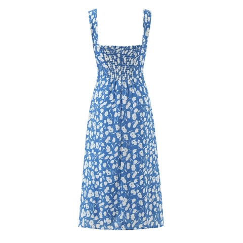 Blue Floral Spaghetti Strap Midi Dress Polyester High Split Sweetheart Neck Back Smocked Sexy Slim Summer For Women