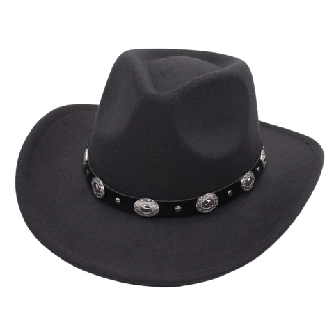 Cappello Da Cowboy Occidentale In Feltro A Tesa Larga Fedora Vintage Con Cintura In Pelle Conchos In Metallo Argentato