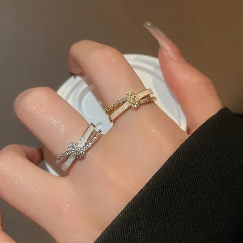 Double Layer Cross Open Ring Copper Zircon Real Gold Plated Adjustable Enamel Fashion Light Luxury Jewelry For Women