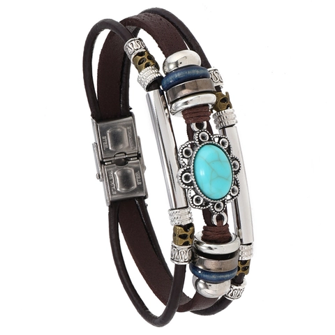 Pulsera Multicapa De Cuero Para Hombre Con Piedra Turquesa Tubo De Acero Inoxidable Tejida A Mano Estilo Hip Hop