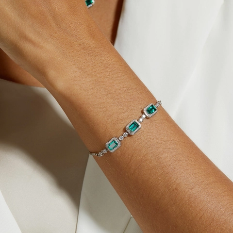S925 Sterling Silver Lab-Created Emerald Bracelet For Women Vintage Geometric Adjustable Box Chain Rhinestone Jewelry