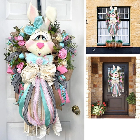 Ghirlanda Di Coniglio Di Pasqua Rose Artificiali Nastri Colorati Sacco Decorazione Da Appendere Per Porta D'Ingresso