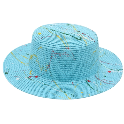 Chapeau De Paille Boater Bord Large Peinture Éclaboussée Colorée Graffiti Style Français Été Plage Tendance