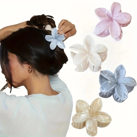 Plumeria Flower Hair Claw Clip Plastic Acetate Resin Marble Texture Shark Clip Sweet Floral Hair Accessory For Women
