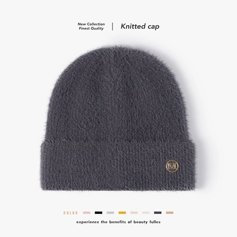 Gorro Beanie De Invierno Punto Piel De Conejo Artificial Hilo De Pluma Cálido Grueso Suave Con Logo M Metálico