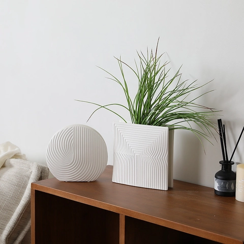 Modern Minimalist White Ceramic Vase Geometric Textured Desktop Flower Container Art Ornament Home Living Room Office Decor