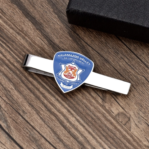 Men Business Formal Stainless Steel Tie Clip With Blue Enamel Law Enforcement Shield Badge Motif Silver Tone