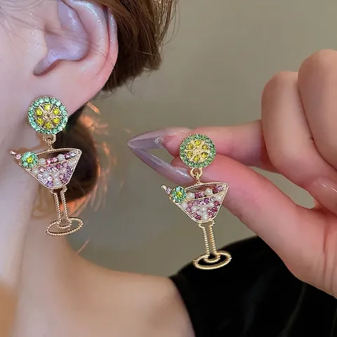 Orecchini A Pendente Cocktail E Limone Lega Strass Perla Artificial Con Perno In Argento Stile Estivo Creativo Da Donna