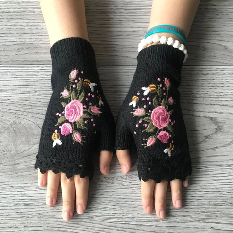 Mitones De Punto Para Mujer Acrílico Rosa Abeja Bordado Cálido Retro Floral Crochet Calentadores De Manos