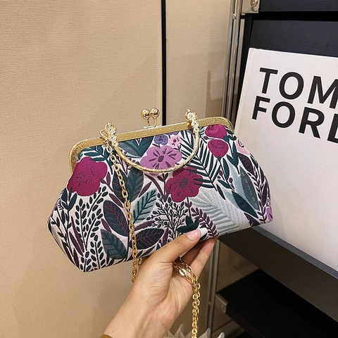 Vintage Floral Embroidery Jacquard Handbag With Metal Frame And Chain Strap Retro Ethnic Evening Bag For Women