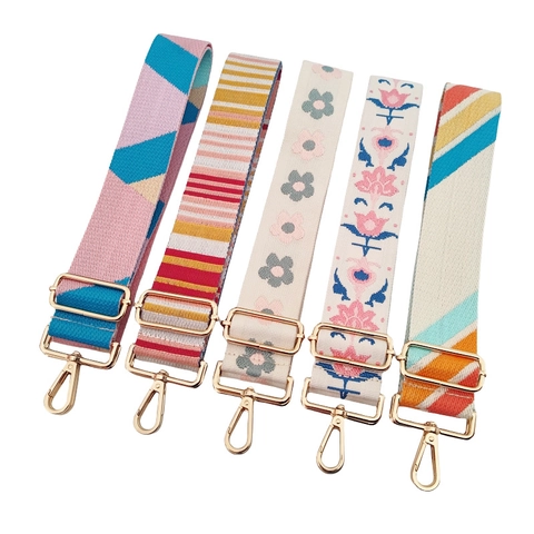 Wide Bag Strap Replacement Adjustable Polyester Cotton Ethnic Jacquard Embroidery Shoulder Crossbody Belt With Metal Hooks