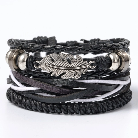 Multi-layer Leather Bracelet Adjustable Braided Wax Rope Hemp Cord Alloy Feather Charm Retro Ethnic Style Wristband Unisex