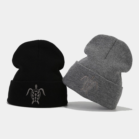 Knit Beanie Hat Acrylic Turtle Embroidery Cuffed Warm Winter Outdoor Casual Solid Color Unisex Chic Cap