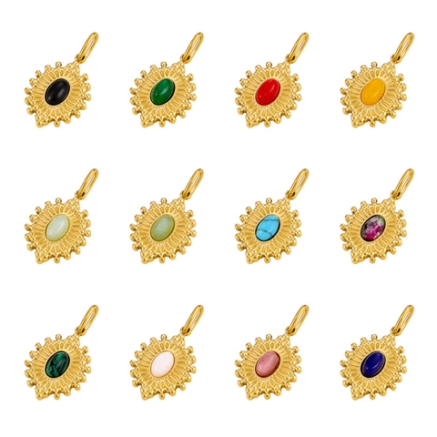 Retro Sunburst Pendant Stainless Steel Oval Gemstone Charm Vintage Design For DIY Jewelry Making Accessories