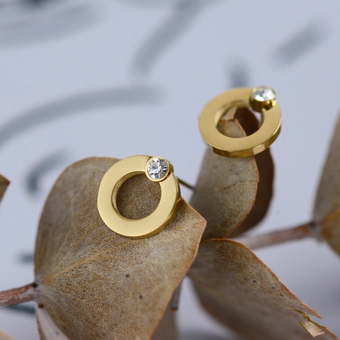 Pendientes De Aro Geometricos Minimalistas De Acero Inoxidable Con Un Solo Diamante De Imitacion Para Mujer Chapados En Oro