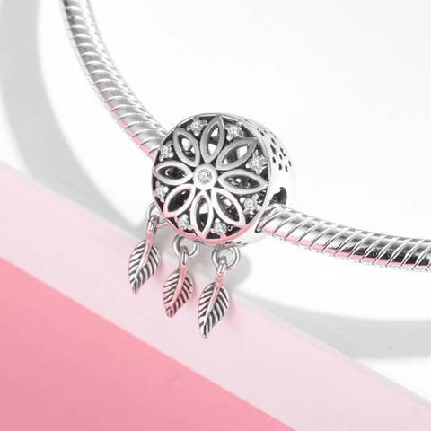 Traumfänger Perle 925 Sterling Silber Charm Feder Anhänger Hohlblume Zirkon Schmuck Zubehör Für Armband