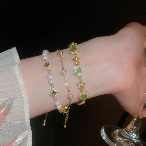 Retro Gold Plated Bracelets With Square Green Zircon Artificial Pearl And Cat Eye Stone Star Charms Jewelry For Women