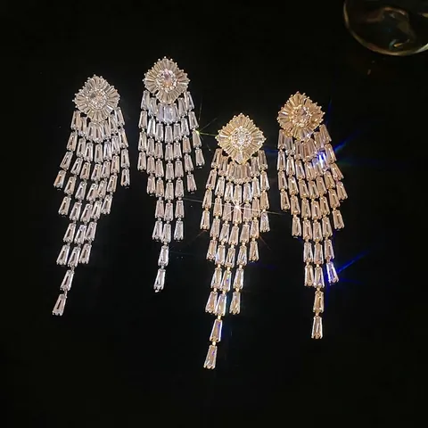 Ruit Tassel Oorbellen Zirkoon Koper Met 925 Sterling Zilveren Oorknopje Lange Cascaderende Franjes Voor Vrouwen Bruiloft Feest