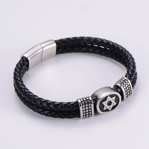 Men Braided PU Leather Bracelet Stainless Steel Hexagram Star Of David Magnetic Clasp Punk Vintage Jewelry