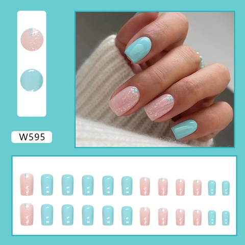 Faux Ongles À Presser Brillant Bleu Rose Pailleté Carré Faux Ongles Amovible Manucure Mode Douce Pour Femmes Style Été