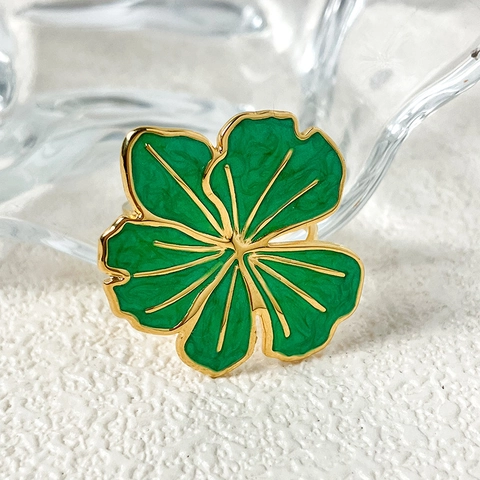 Vintage Edelstahl Emaille Blume Offener Ring Für Damen Verstellbar Grün Vierblättriges Kleeblatt Vergoldet Eleganter Schmuck Geschenk