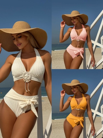 Dames Tweeledige Bikini Set Getextureerde Stof Halter Top Met Schelp Decoratie Hoge Taille Badpak Met Strik Detail