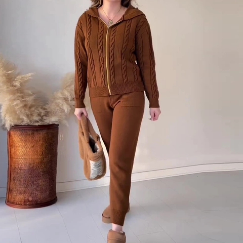 Completo In Maglia Trecce Da Donna Cardigan Con Cappuccio E Zip E Pantaloni Lunghi Abbigliamento Casual