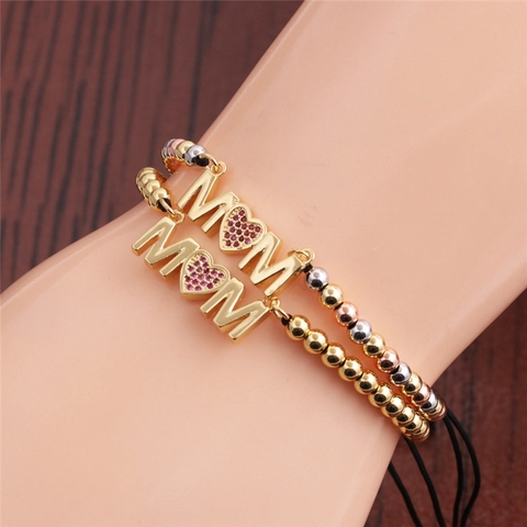 Bracciale Cuore MOM Rame Micro Intarsi Zircone Perlato Corda Intrecciata Regolabile Gioielli Regalo Festa Della Mamma