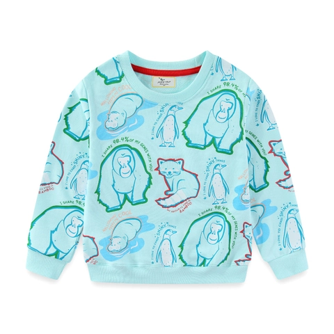Boys Casual Cartoon Animal World Print Sweatshirt Light Blue Long Sleeve Cotton Blend Crew Neck Pullover For Kids Top