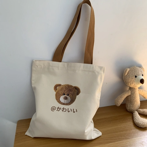 Canvas Tote Tasche Süßer Bärenprint Große Kapazität Reißverschluss Schulterhandtasche Japanischer Stil Student