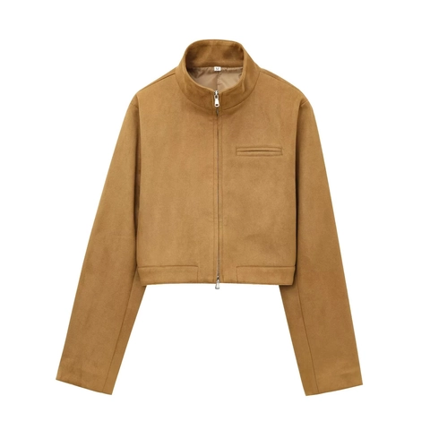 Women Suede Short Jacket Long Sleeve Zipper Lapel Casual Solid Color Fashion Coat Outerwear Autumn Spring