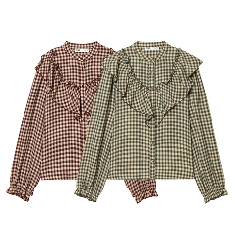 Dames Geruite Blouse Lange Mouwen Ruches Knoopsluiting Retro Gingham Overhemd Polyester Katoenmix Vintage Casual Tops