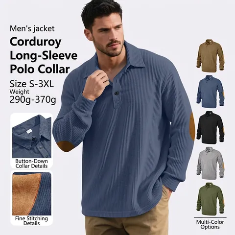 Men Corduroy Polo Shirt Long Sleeve Retro Casual Pullover Top With Elbow Patches Outdoor Vintage Style For Men
