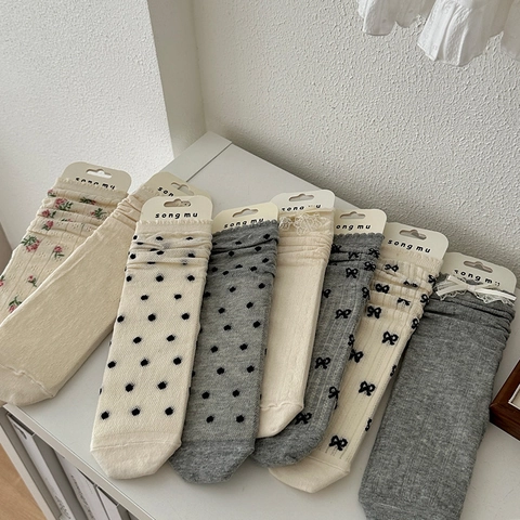 Damen Crew Socken Gekämmte Baumwolle Atmungsaktiv Balletcore Schleife Spitze Rüschenbesatz Socken Süßer Japanischer Stil
