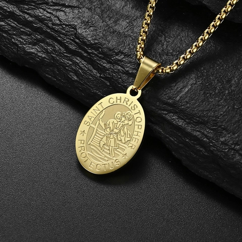 Saint Christopher Protect Us Pendant Necklace Stainless Steel Religious Medallion Vintage Jewelry For Men