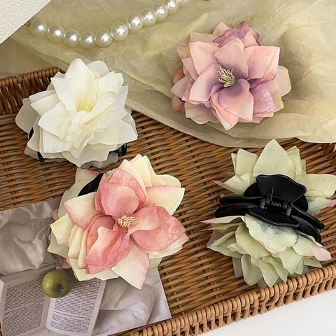 Elegant Artificial Flower Hair Claw Duckbill Clip Satin Cloth Gradient Floral Hairpins French Style Wedding Hair Accessories