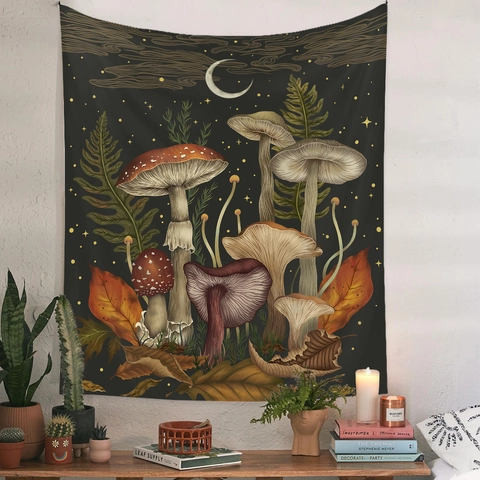 Tapiz De Pared Bosque De Hongos Estética Bohemia Luna Estrellas Fibra De Poliéster Decoración De Habitación Vintage
