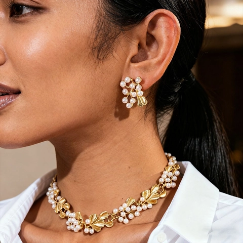 Collana E Orecchini Vintage Royal Fiore Foglia Con Künstliche Perle Di Imitazione E Perno In Argento Gioielli Eleganti